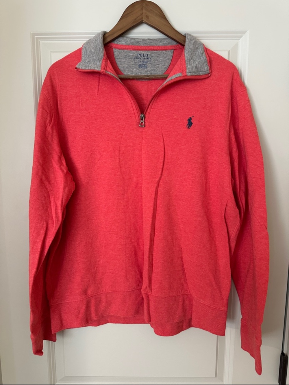 Polo by Ralph Lauren Men's Coral Zip-Neck Sweater with Heather Gray Collar